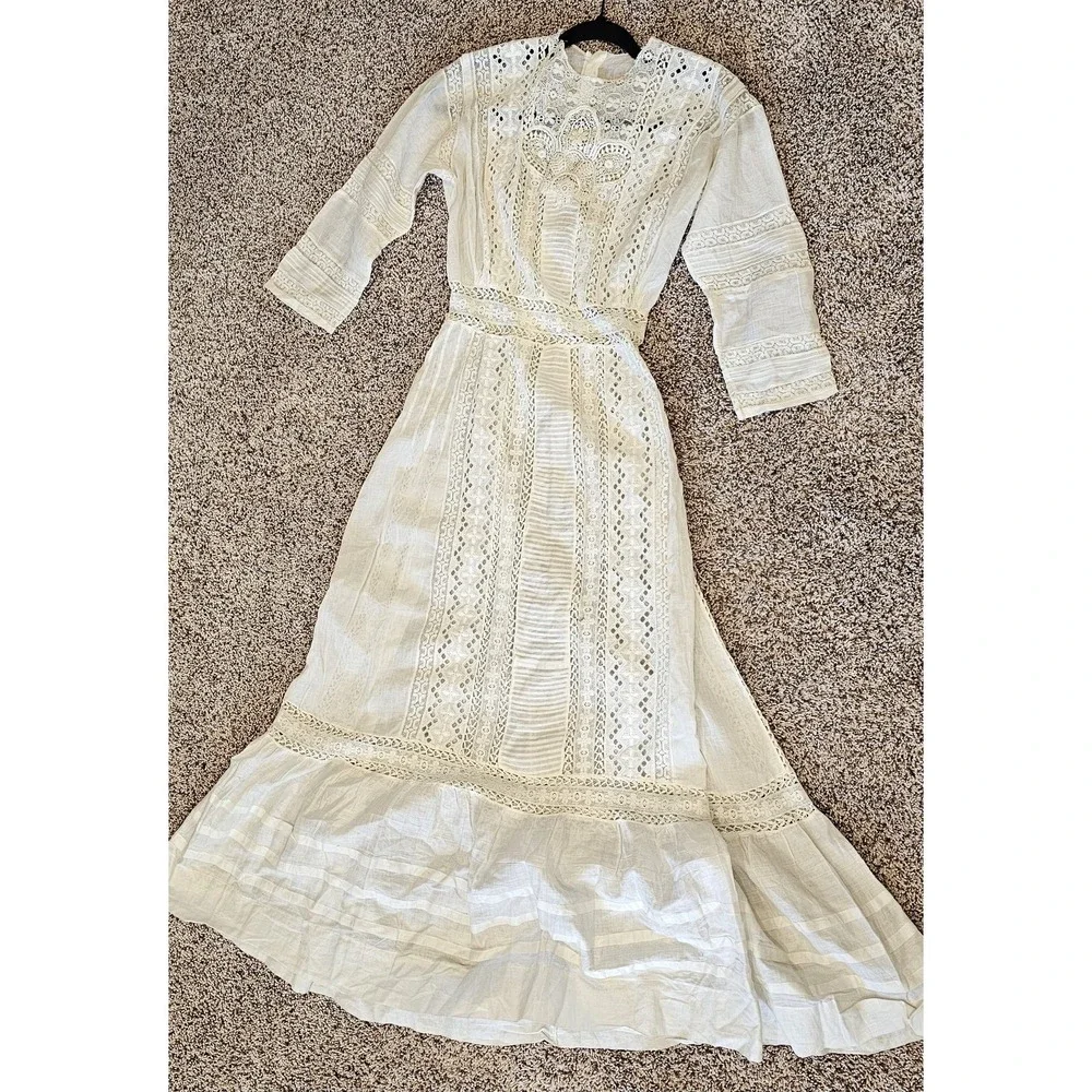 1900s Antique Edwardian White Summer Garden Lawn Dress Lace Linen Tea Gown #68 - Picture 10 of 14